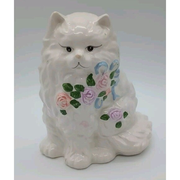 Persian Sitting Cat Planter white blue bow pink roses Tiawan Kitty Kitten - Picture 1 of 8